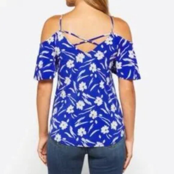 Kaileigh Blue and White Floral Valette Cold Shoulder Blouse Size large - Picture 2 of 10